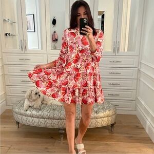 ZARA Blogger Favorite Sharon Floral Tiered Babydoll 3/4 Sleeve Dress Red Pink XS